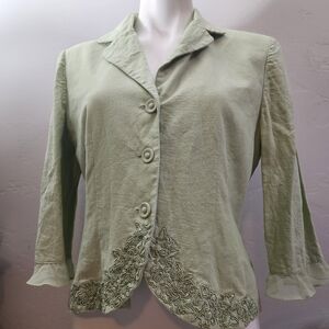 PLAZA SOUTH Green Top Size 10 Linen Rayon Lined Embroidered Floral Ruffle Cuff‎